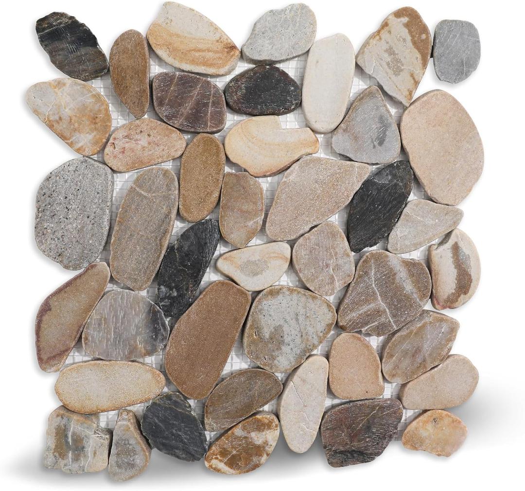 Brown Sliced Stone Pebble Mosaic Tile, 12" x 12" Stone Pebble Backplash for Bathroom Kitchen Shower Floors and Wall Decor and Outdoor Areas, Pack of 5
