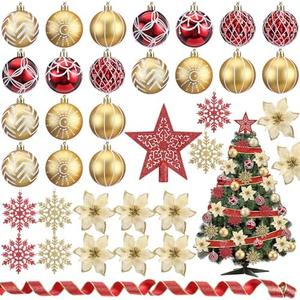 68 Pcs Christmas Tree Balls Ornaments Set Complete Christmas Tree Decorations Glitter Poinsettia Flowers Christmas Ornaments Tree Topper Ribbons Hanging Decor for Xmas Holiday(Red and Gold)