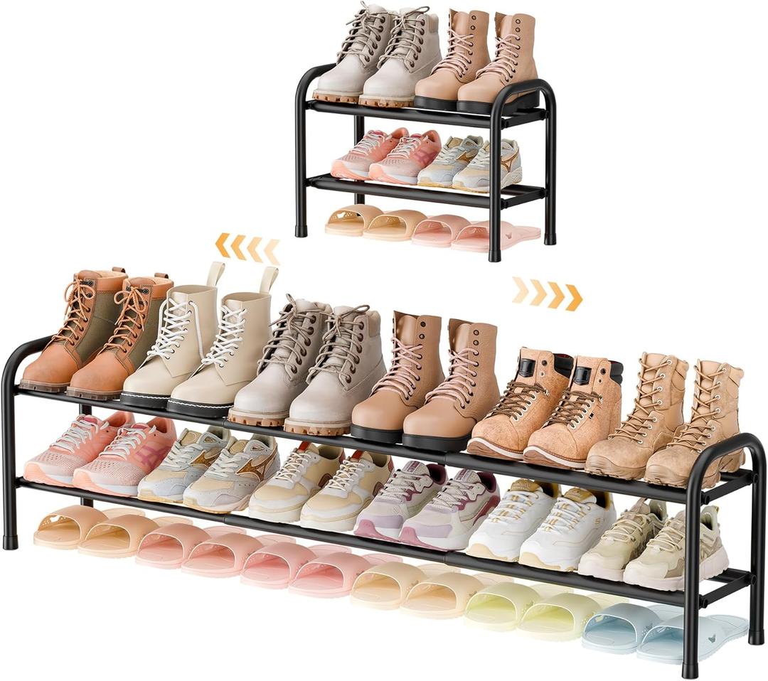 ENJOYBASICS 2 Tier Expandable Shoe Rack for Closet, Free Standing Metal Shoe Shelf Storage Organizer Holder 12 Pairs, Adjustable Width Shoe Rack for Entryway Small Space, Black