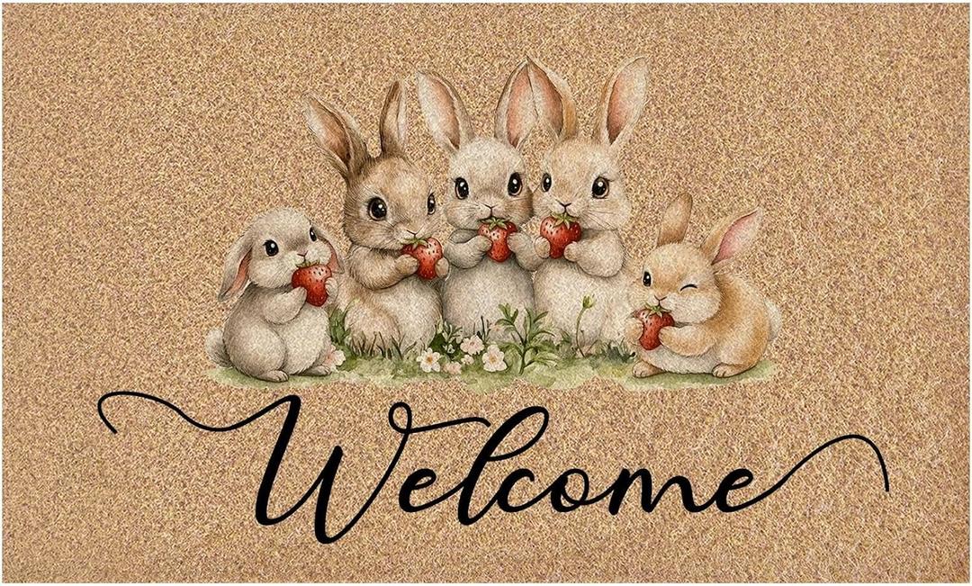 Easter Bunny Welcome Door Mat, Cute Welcome Peeps Easter Rabbit Strawberry Decorative Artificial Coco Coir Doormat for Indoor Porch Front Door Entrance Outside, 17x30 in,
