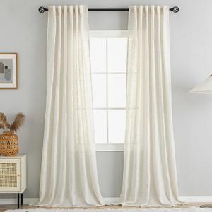 VOILYBIRD Natural Thick Linen Curtains 63 Inches Long for Kitchen Room, Rustic Farmhouse Drapes Light Filtering Semi Sheer 2 Panels, Back Tab & Rod Pocket, 52x63