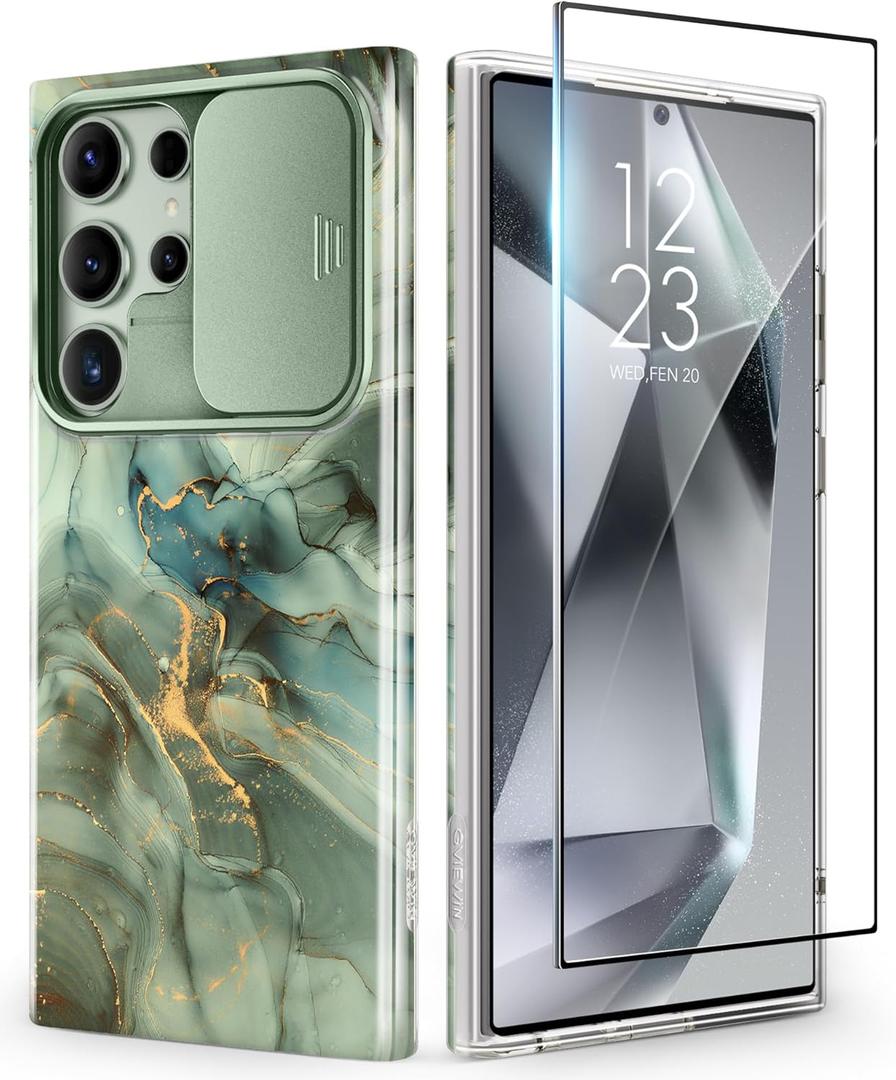 GVIEWIN for Samsung Galaxy S24 Ultra Case with Slide Camera Cover+Screen Protector, [Military Grade Shockproof] Marble Protective Slim & Tough Phone Case for S24 Ultra 6.8"(Desert Dream/Green)