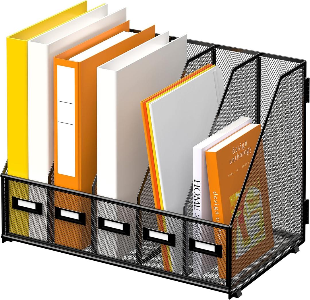 DALTACK Desk Organizers Metal Magazine File Holder with 5 Vertical Compartments Folder Storage Binder Organizer for Office Home School Organization, Black