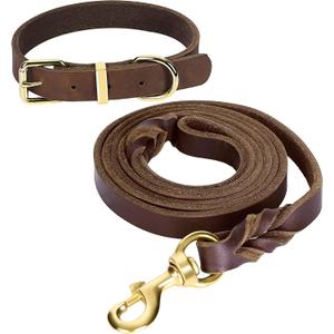 Guiding Star 6ft Leather Dog Leash and Collar Set, Soft Braided Leather Dog Leash 6ft with Adjustable Dog Collar, Heavy Duty Leather Dog Collar and Leash Set Combo for Small Medium Large Dogs (Brown), Size: Small