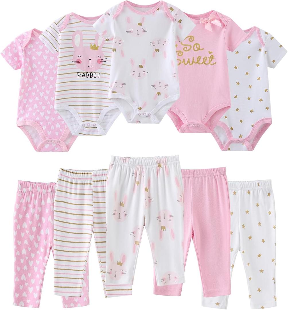 Ruliby Baby Bodysuit and Pant Set 10-pcs Cotton Soft Newborn Boy Girl Clothes Outfits, 9-12 Months, Pink Bunny Set 10 Pieces