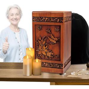DBIGQ Wooden Urn for Ashes Adult Male Female,Decorative Burial Funeral Memorial Urn, Burial Casket Keepsake with Velvet Bag (Brown, 10, Butterfly and Rose)