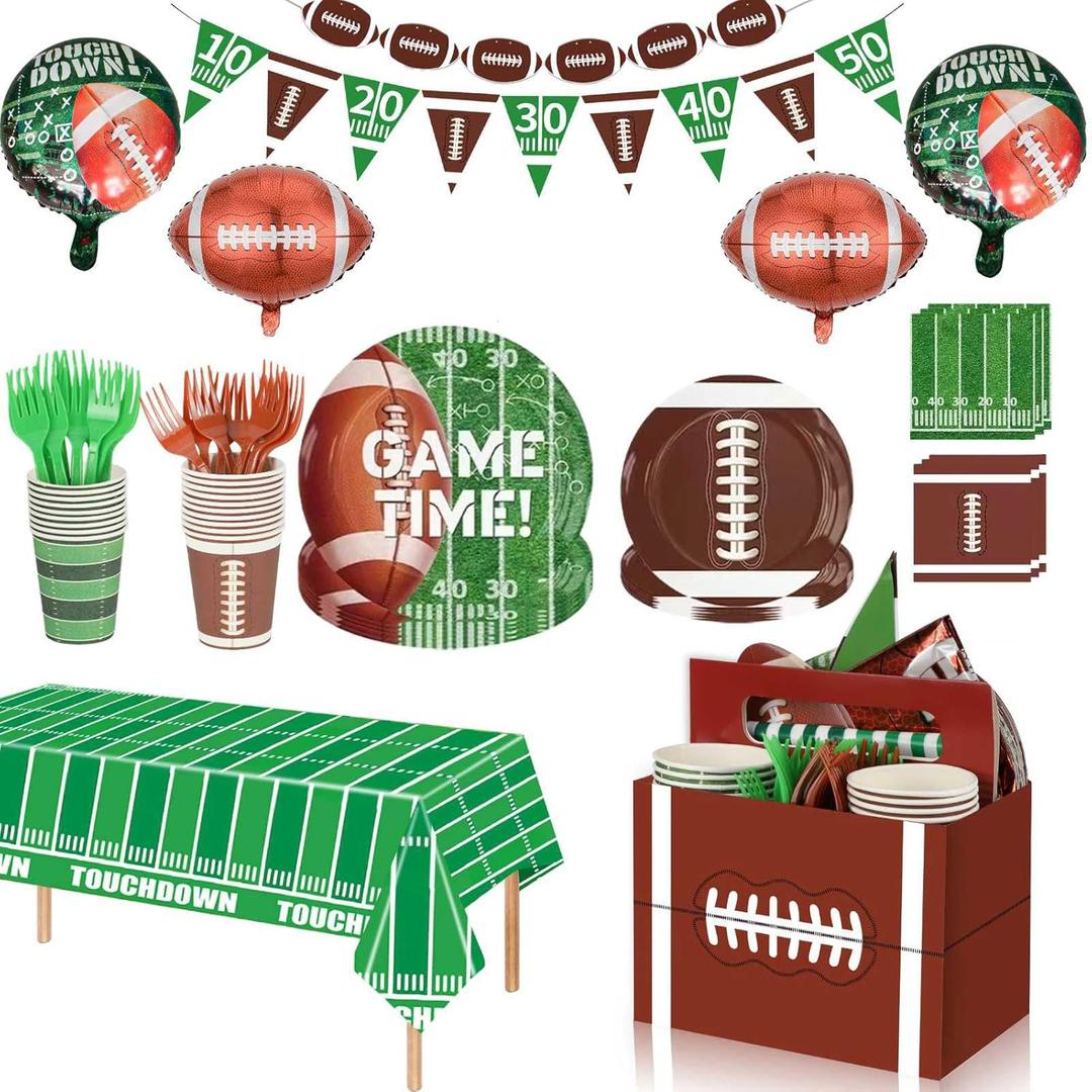 Football Party Supplies Kit for 20 Guest Include Paper Cutlery Caddy, Dinner Plate, Dessert Plate, Napkin, Cup, Fork, Banner, Balloon & Tablecloth for Football Tailgate Party Decoration