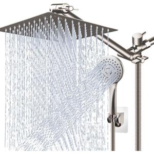 (Brushed Nickel),12'' High Pressure Rain Shower Head with 11'' Adjustable Extension Arm and 5 Settings Handheld Shower Head Combo,Powerful Shower Spray Against Low Pressure Water
