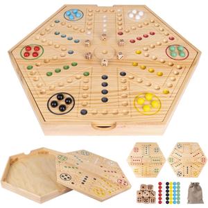 20 inch Wahoo Board Game,2 in 1 Marble Board Game with Storage Function,Wooden Fast Track Game Suitable for 4 or 6 Players,with 36 Glass Marbles,8 Dice,Storage Bag and Instruction Manual