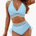 Blooming Jelly Women High Waisted Bikini Sets Tummy Control Swimsuits Color Block Two Piece Drawstring Bathing Suit M