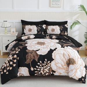 Luxudecor Floral King Comforter Set 7 Pieces Bed in a Bag, White Flower Print on Black Bedding Set, Soft Reversible Comforter with Sheet Set 104"x90"