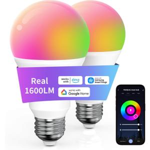 Smart Light Bulbs Work with Alexa Google Assistant, 1600LM Ultra Bright Smart Bulb, 13W 150W Equivalent RGBCW Color Changing Light Bulbs 2P, Bluetooth 2.4GHz Wi-Fi A21 E26 App LED Light Bulb