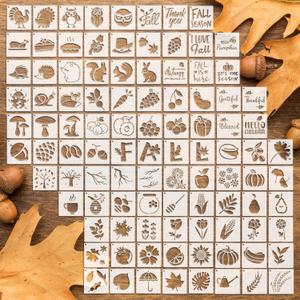 100 Pcs 2 Inch Stencils for Painting Crafts Reusable Stencil Flower Animal Holiday Small Stencils on Wood Fabric Wall Paper for DIY Art Home Decor (Autumn)