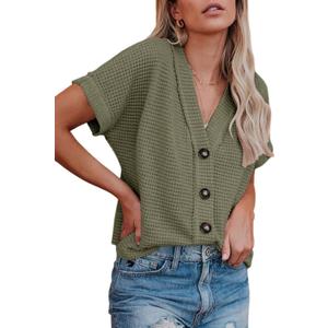 Dokotoo Womens Summer Tops 2025 Waffle Knit Button Down Shirts Casual V Neck Short Sleeve Shacket Jacket Dressy Blouses (XX-Large, Green)