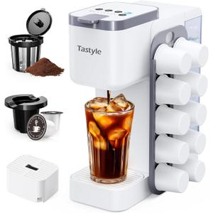 Tastyle Hot & Iced Coffee Maker with Magnetic K-Pod Organizer (Pods Not Included), Stores 10 Pods, 4-5 Cups Coffee Maker & Single-serve Brewer for K Cup & Grounds, 40oz Removable Water Tank, White