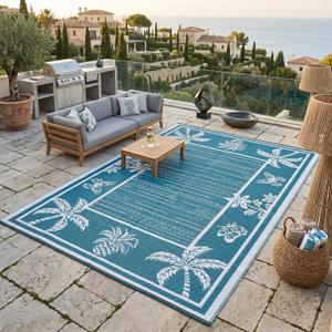 Garvee Outdoor Rug 9x12 Waterproof for Patios, Reversible Plastic Straw Rug, Tropical Leaf Indoor Outdoor Rugs, Large Area Rug for RV, Camping, Deck, Picnic Mat, Outside Carpet
