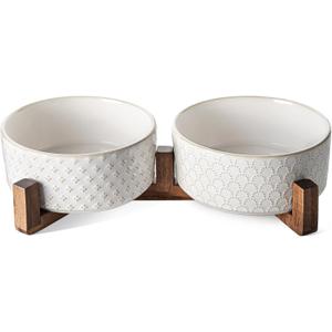 LE TAUCI Ceramic Dog Bowls with Acacia Wood Stand - 7 Inch Food & Water Set for Medium-Large Dogs - Weighted Pet Bowls (L-5 Cup, Fireworks+Clover)