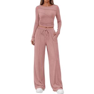 Lazysmile Lounge Sets For Women 2 Piece Sets Fall Outfits Long Sleeve Tops with Wide Legs Pants Casual Matching Set