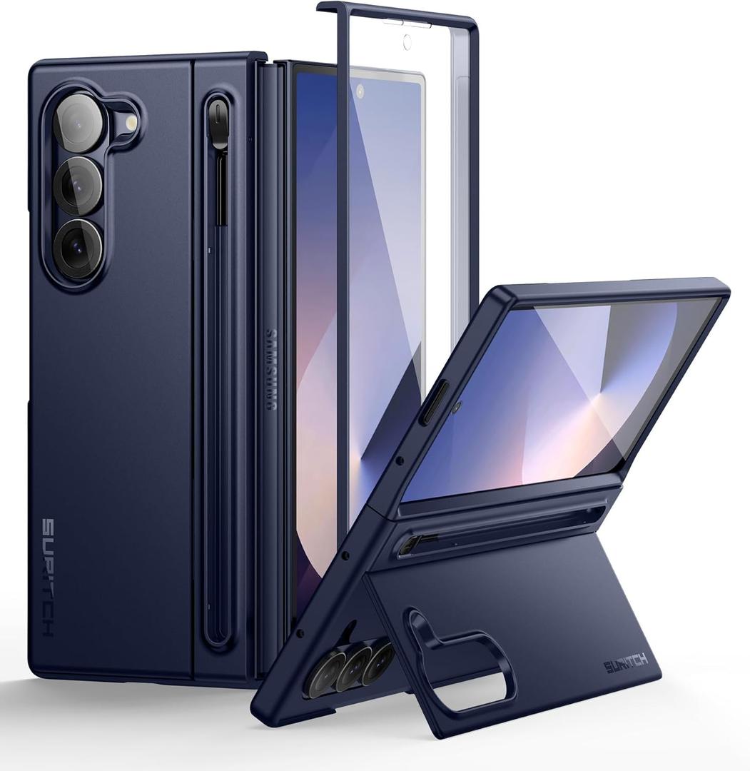 SURITCH for Samsung Galaxy Z Fold 6 Case with Kickstand and S Pen Holder [S Pen NOT Included], Phone Case for Z Fold 6 2024 Dark Blue