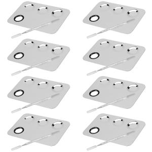 JAPCHET 8 PCS Mixing Makeup Palettes, 3-Well Makeup Palette Mixer Tray, Stainless Steel Cosmetic Palette with 8 PCS Spatula Tool, Multipurpose Makeup Applicators for Nail-Art, Cosmetic, Pigment