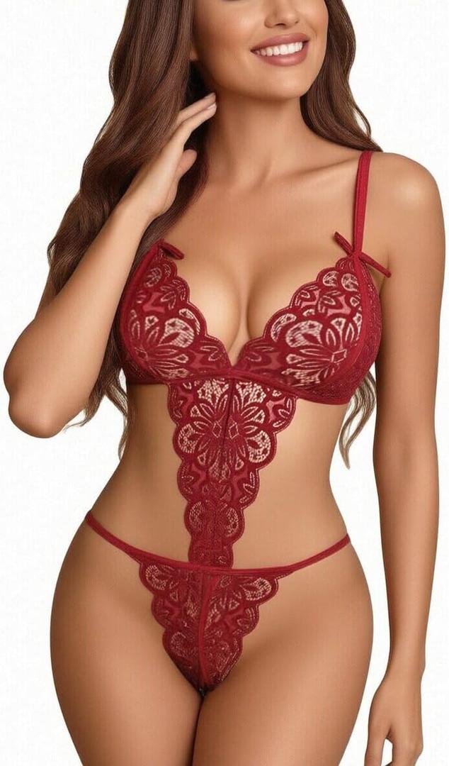 Sexy Lingerie for Women Deep V Teddy Bodysuit Sheer Lace One Piece Babydoll with Adjustable Strap (Red, XS)