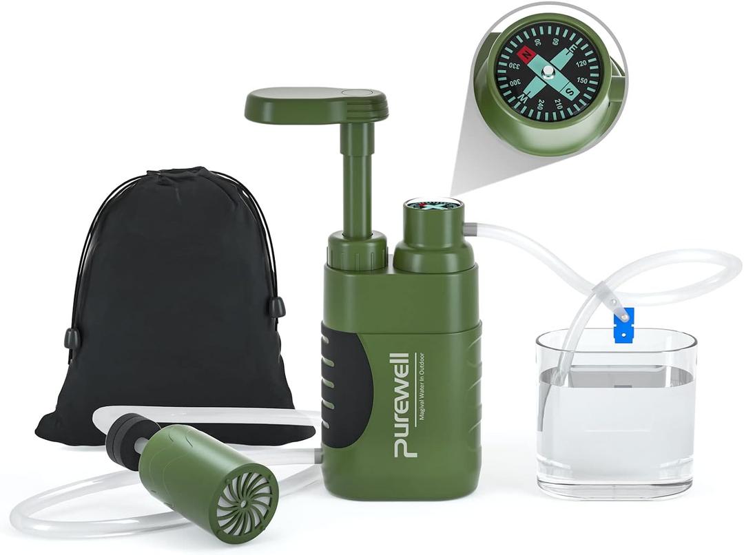 Purewell Water Purifier Pump with Replaceable Carbon 0.01 Micron Water Filter, 4 Filter Stages, Portable Outdoor Emergency and Survival Gear - Camping, Hiking, Backpacking (Green-2)