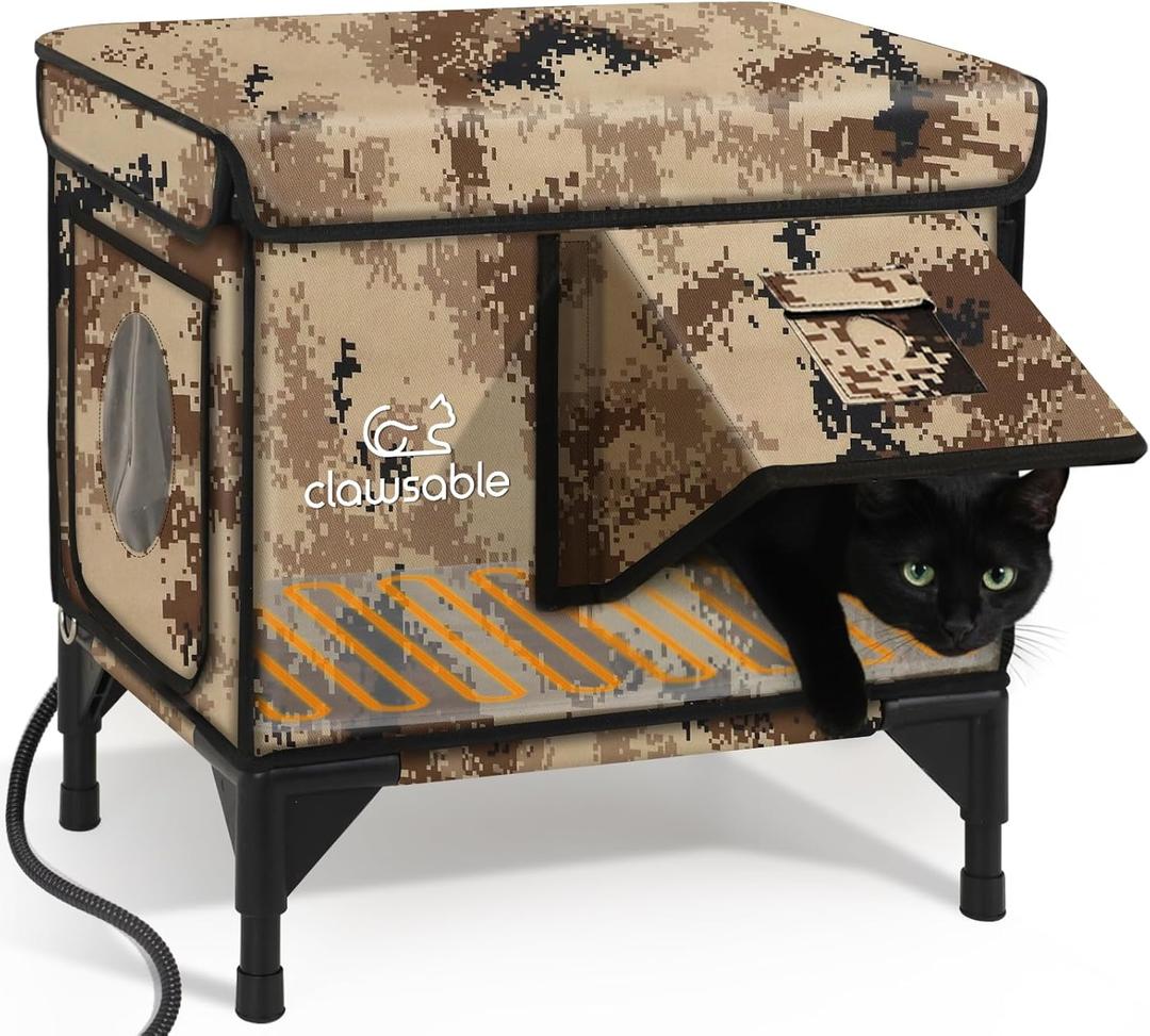 Sturdy Outdoor Heated Cat House for Winter, Insulated Heated Cat House for Outside with Two Door, Feral Cat Shelter with Waterproof Awning, Outdoor Cat House Barn Stray Kitty (15.0"L x 12.0"W x 16.0"H, Desert Camo)