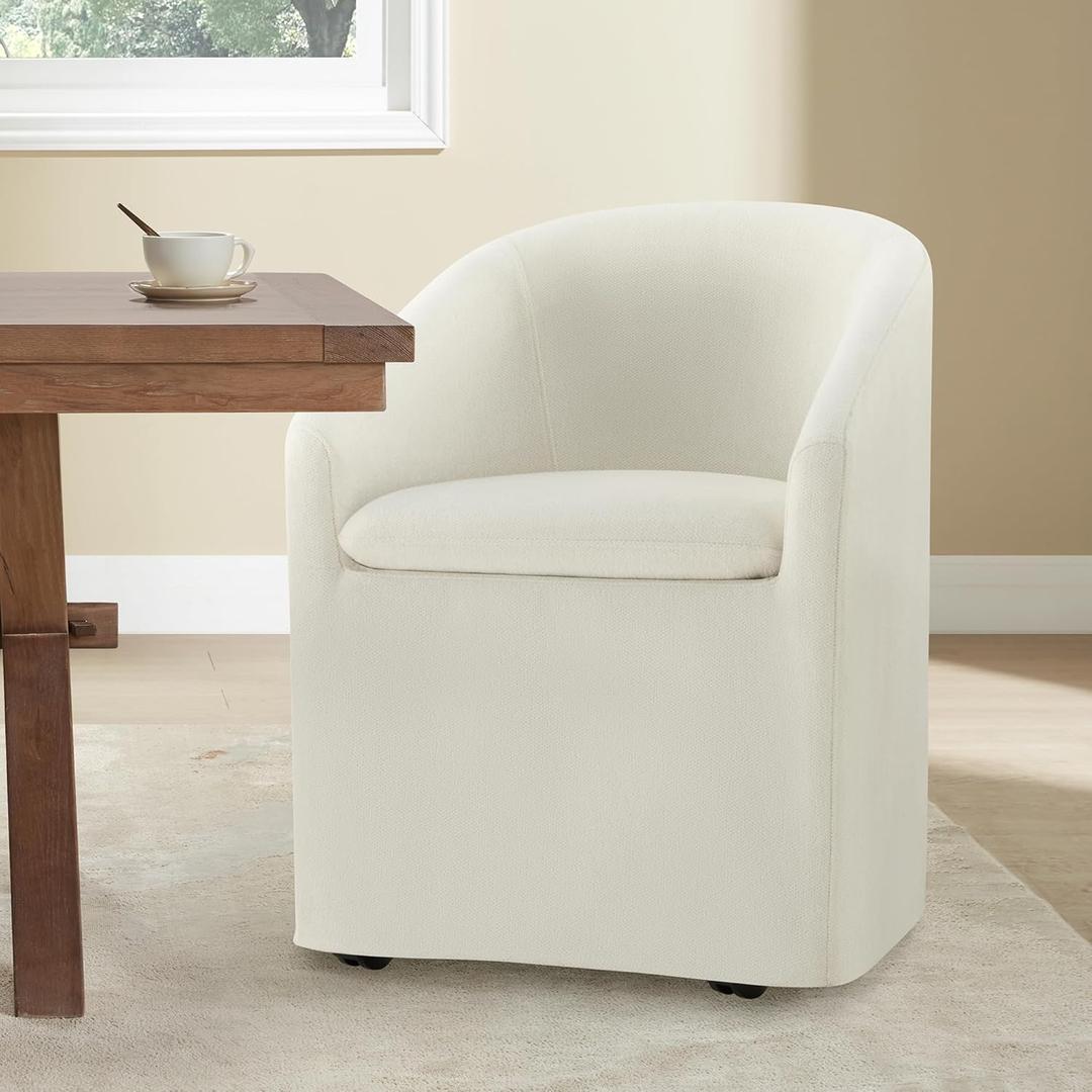 Upholstered Dining Chairs with Casters, Washable Cover Modern Dining Room Chairs with Barrel Backrest & Dual Armrest for Kitchen, Living Room, Bedroom, Sand Fabric, 1Pc