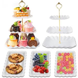 5 Pack Dessert Table Display Set, 2 Sets 3 Tier Cupcake Stand, 3 Pcs Food Serving Trays, Tiered White Plastic Cup Cake Tower for Birthday Baby Shower Wedding and Tea Party Supplies (5, Large)
