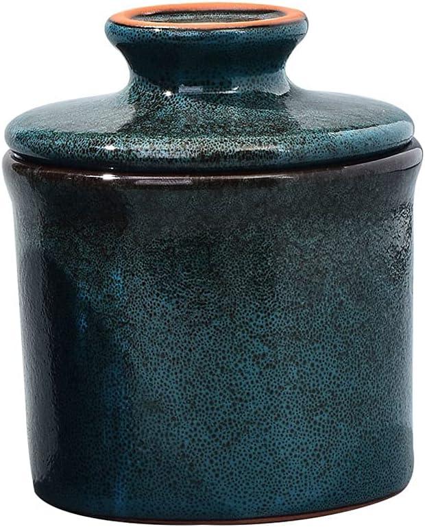 Pottery Butter Keeper Crock - Ceramic Butter Dish with Water Line for Countertop, Keep Butter Fresh, Blue