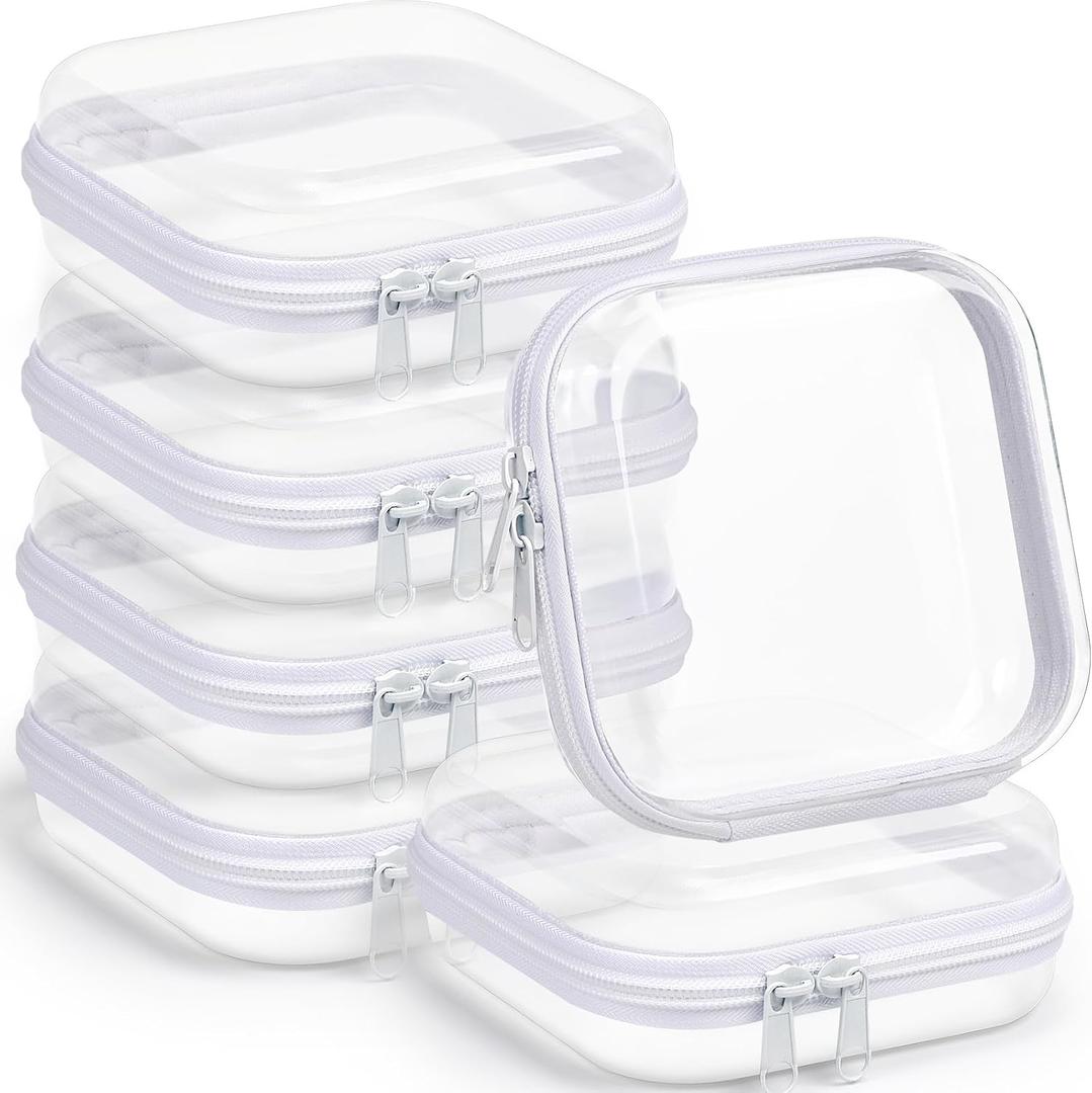 Sanwuta 6 Pcs Clear Hard Zipper Case Plastic Zipper Pouches Transparent Makeup Bag Pencil Case Pouches Toiletry Diaper Bag for Travel Toy Storage Organizer Bins(White,5 x 5 x 2 Inch)