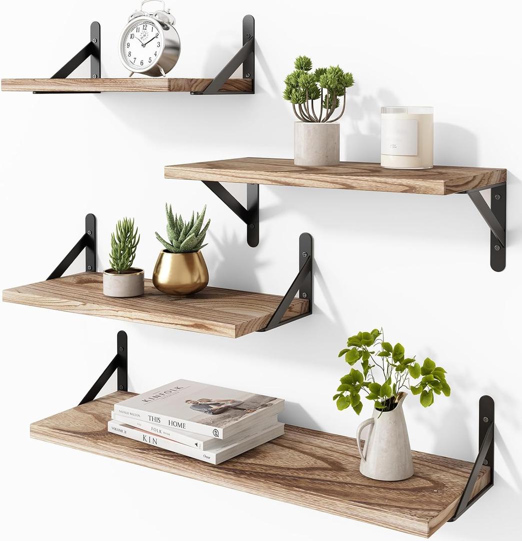 YGEOMER Floating Shelves for Wall Mounted Wall Shelves for Bedroom, Bathroom Storage, Living Room and Kitchen Farmhouse Decor(4 Different Sizes) (16inch Mixed, Light Brown)