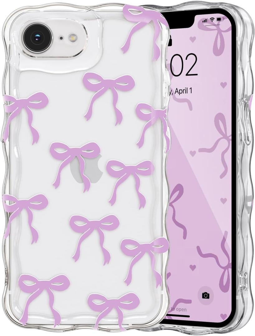 QLTYPRI Bow Case for iPhone 16e, Cute Ribbon Bows Wavy Curly Frame Clear Phone Case for Girls Women, Aesthetic Bowknot Transparent Soft Silicone TPU Bumper Shockproof Protective Cover - Purple