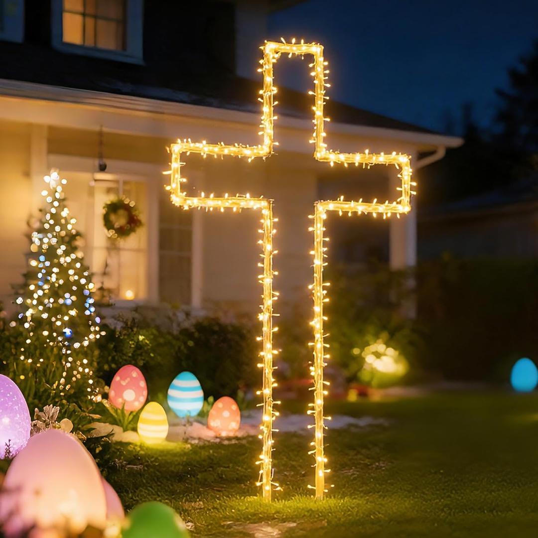 6FT Metal Easter Cross Decor, DIY White Large Standing Cross Light Up Outdoor Easter Decorations w/Ground Stake, Holy Jesus Christ Christian Crosses Religious Yard Decor (W/O Lights)