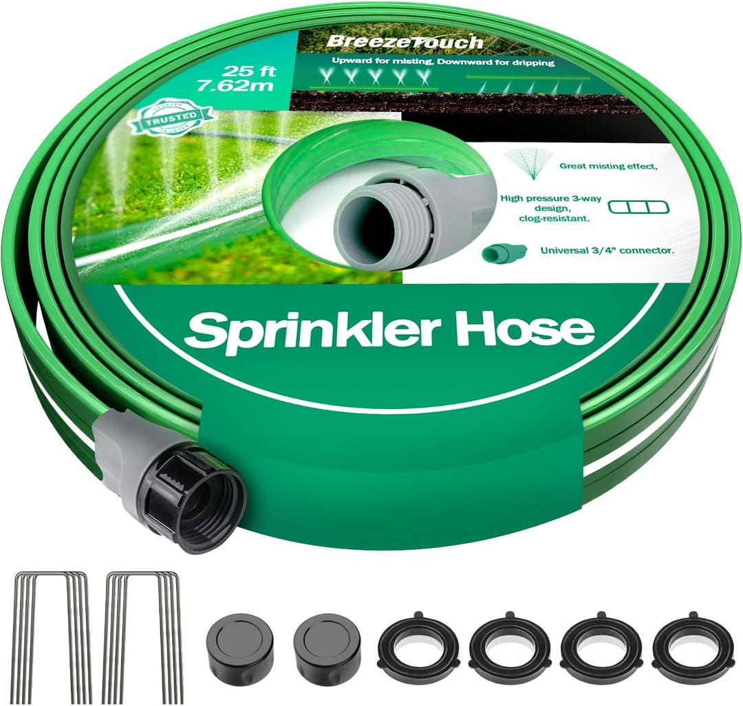 Breeze Touch 25FT Sprinkler Hoses, Flexible Garden Hose with High-Mist Spray, Leakproof Flat Irrigation Hose, Grass Watering Soaker Hose with Stakes for Lawn & Yard