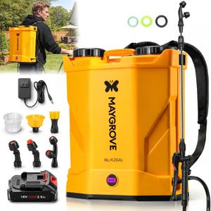 MAYGROVE 4.2 Gal Electric Backpack Sprayer, 2-4h of Continuous Spray, Equipped with Adjustable Wand & 5 Nozzles, Auto Spraying for Garden, Lawn Care, Fertilizing & Weed Control (Battery Included)
