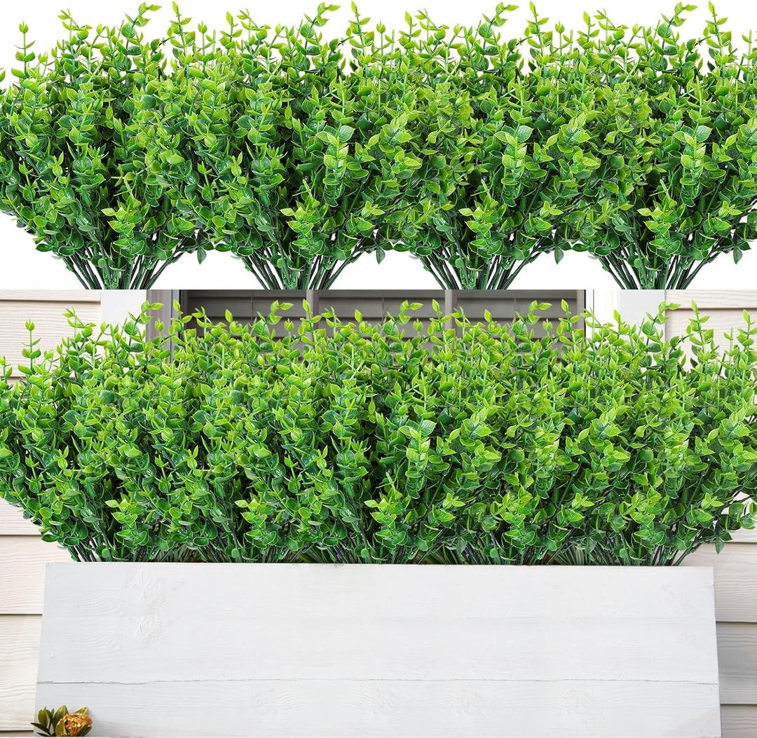 AmyHomie 20 Bundles Green Artificial Plants for Outdoor Spring Summer Decor UV Resistant Faux Wheat Grass Greenery Shrubs Eucalyptus Fake Plastic Plants Garden Porch Window Box Decorating