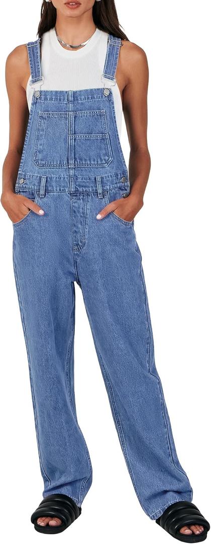 ANRABESS Overalls for Women Loose Fit Denim Overalls Adjustable Strap Jean Jumpsuit Bib Romper Spring Casual Work Outfits (Medium, B Washed Blue)