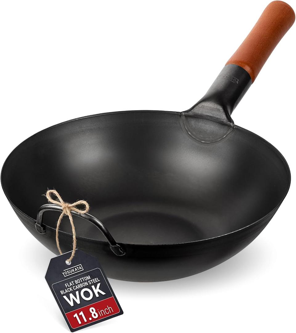 YOSUKATA 11.8" Pre-Seasoned Flat Bottom Black Carbon Steel Wok for Stir Fry | Flat Bottom Wok for Stir Fry, BBQ, Grill & Camping – Traditional Chinese Cookware – For Induction, Electric, Gas, Open Fire