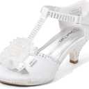 DREAM PAIRS Girls Low Heel Dress Pump Sandal Ankle T Strap Flower White - 1 Little Kid