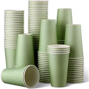 Funtery 100 Count Paper Cups Disposable Bridal Shower Cups Paper Cups for Wedding Holiday Picnic Party Coffee Beverage Tea(16 oz,Sage Green)