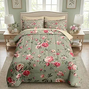 Nesker 7 Pcs Comforter Set Queen Size, Vintage Floral Beige Bedding Set for Kids and Adults, Rose Flower Pink Sheets Bed Sheet Sets with Fitted Sheet 2 Pillowcases & 2 Shams