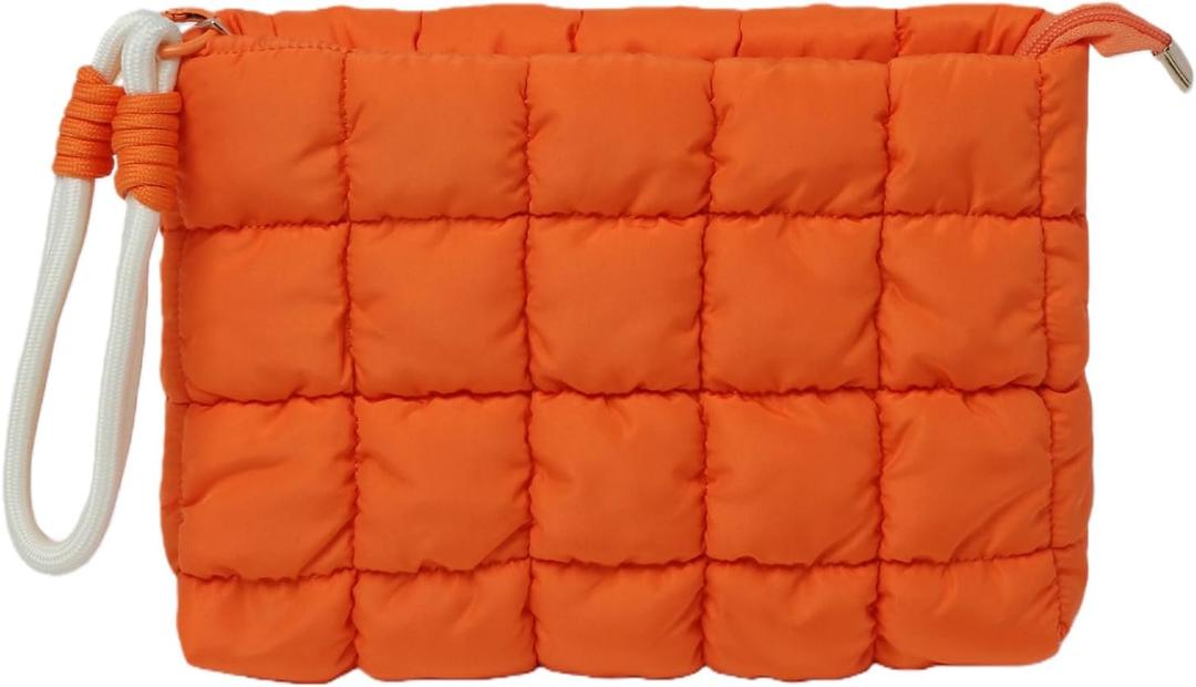 Puffy Quilted Makeup Bag Cosmetic Bag Equipped with a Detachable Handle Cute Zipper Pouch for Storage Clutch for Women(Orange)