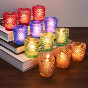 Votive Candle Holders 12Pcs,Glass Candelabra Candles Holders for table centerpiece,Colored multicolor Polka dot vintage votives Bulk for wedding,return gift (Colorful,Set of 12)