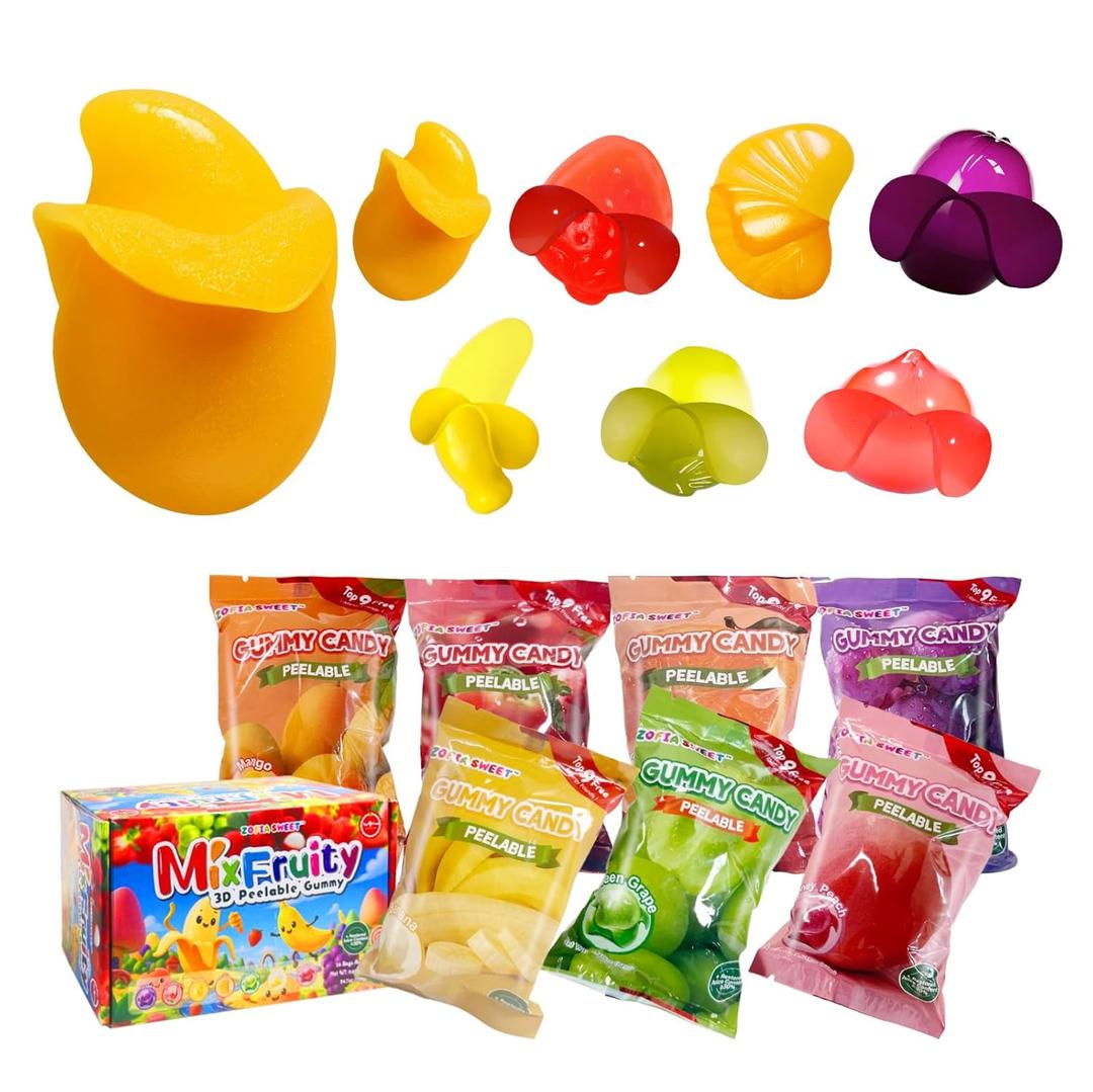 7 Friuts in 7 Packs Assorted Gummy Candies Individually Wrapped, Peelable Fruit-Shaped Gummies Candy made with Real Fruit Juice (30%), Chewy Peeling Candy Gummy Snacks Net 350g/12.35oz