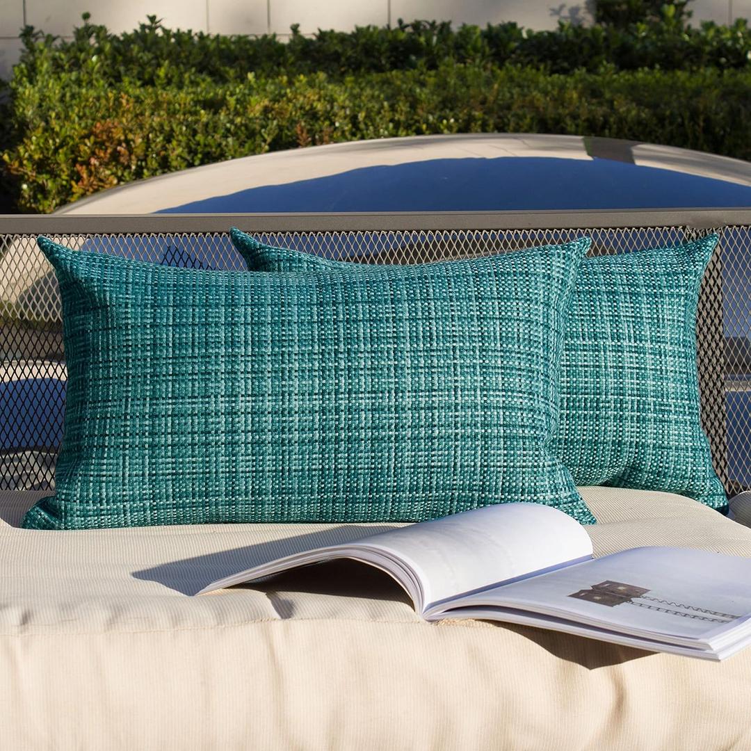 Kevin Textile Pack of 2 Decorative Outdoor Waterproof Throw Pillow Covers Lumbar Pillowcases Modern Cushion Cases for Patio Couch Bench 12 x 20 Inch Teal (20" x 12" (Pack of 2))