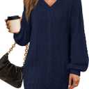 Saodimallsu Womens Oversized Mini Sweater Dress Casual V Neck Cable Knit Long Lantern Sleeve Fall Tunic Pullover Sweaters, Medium