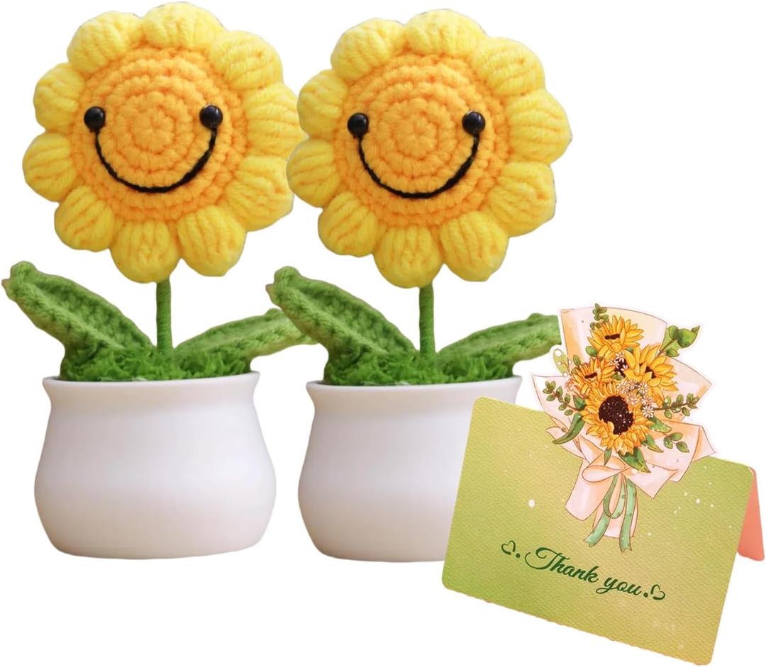 Crochet Flower Employee Appreciation Gifts for Women 2-Pack Crochet Sunflower with Card,Crochet Sunflower Thank You Gifts for for Best Friend,Coworker,Birthday, Christmas,Appreciation Gift