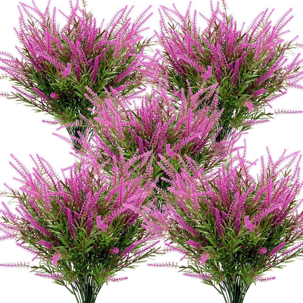 12 Bundles Outdoor Artificial Flowers Lavender Artificial Plants Fake Bushes Artificial Shrubs Greenery Plastic Outdoor UV Resistant Faux Lavender Purplish Pink (Purple Pink)