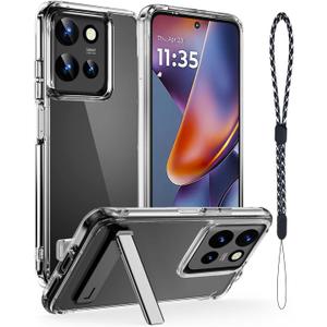 JanCalm for Moto G 2025 Case Clear, Built-in Metal Magnetic Kickstand, Slim Phone Cases, Soft TPU Bumper & Hard PC Rugged Cover, Anti Yellowing, Shockproof Drop Protection, Lanyard (Clear)